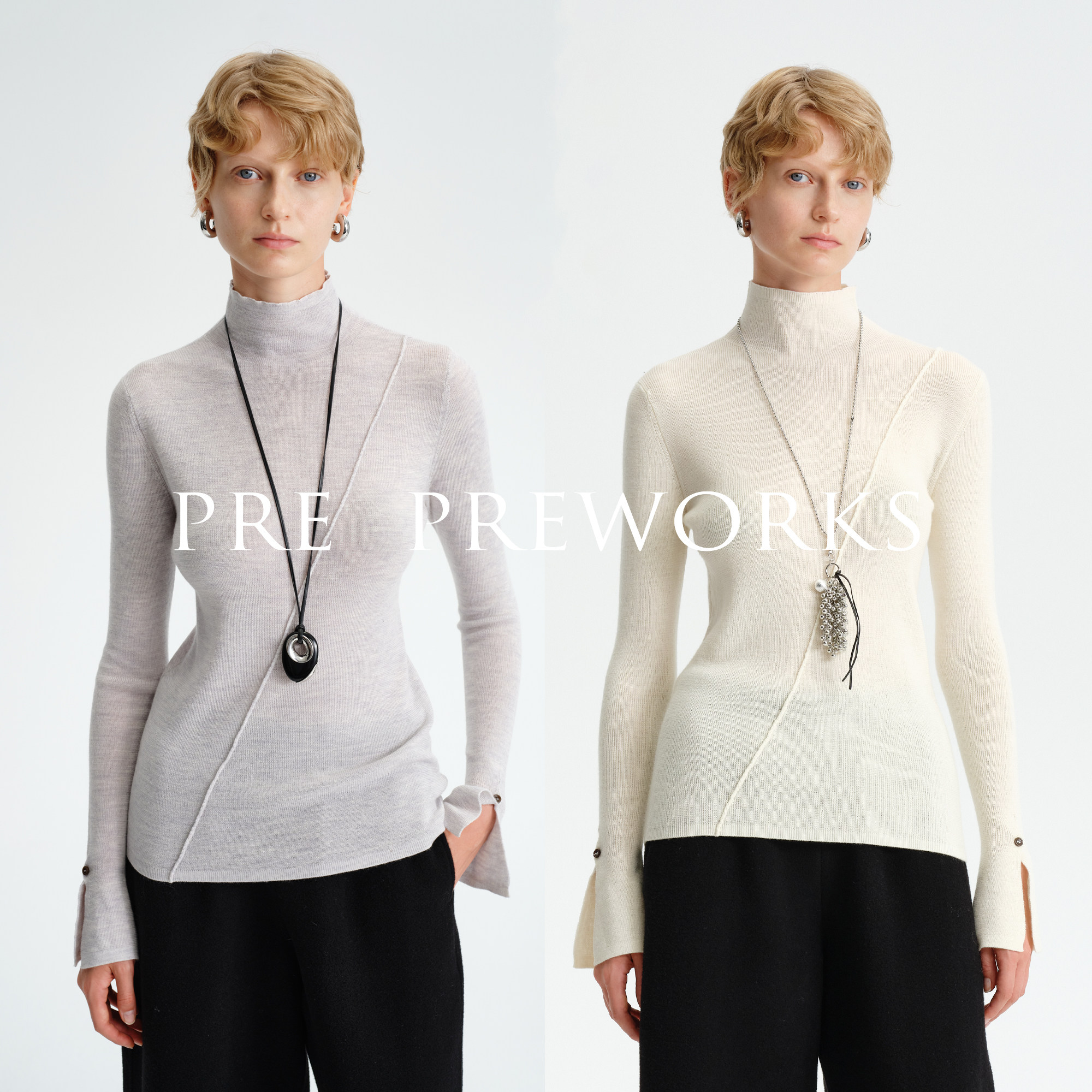 PRE PREWORKS100%细羊毛质感针织衫 不规则斜襟高领内搭打底衫