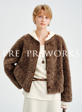 PRE PREWORKS复古圆领双面穿绵羊毛皮毛一体皮草麂皮绒短款外套