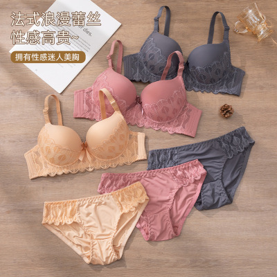 跨境内衣带钢圈蕾丝内衣套装简约甜美女士文胸聚拢上托女士内衣