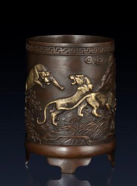 纯黄铜五虎山笔筒摆件办公室装饰品乔迁礼品家居书房装饰品摆件