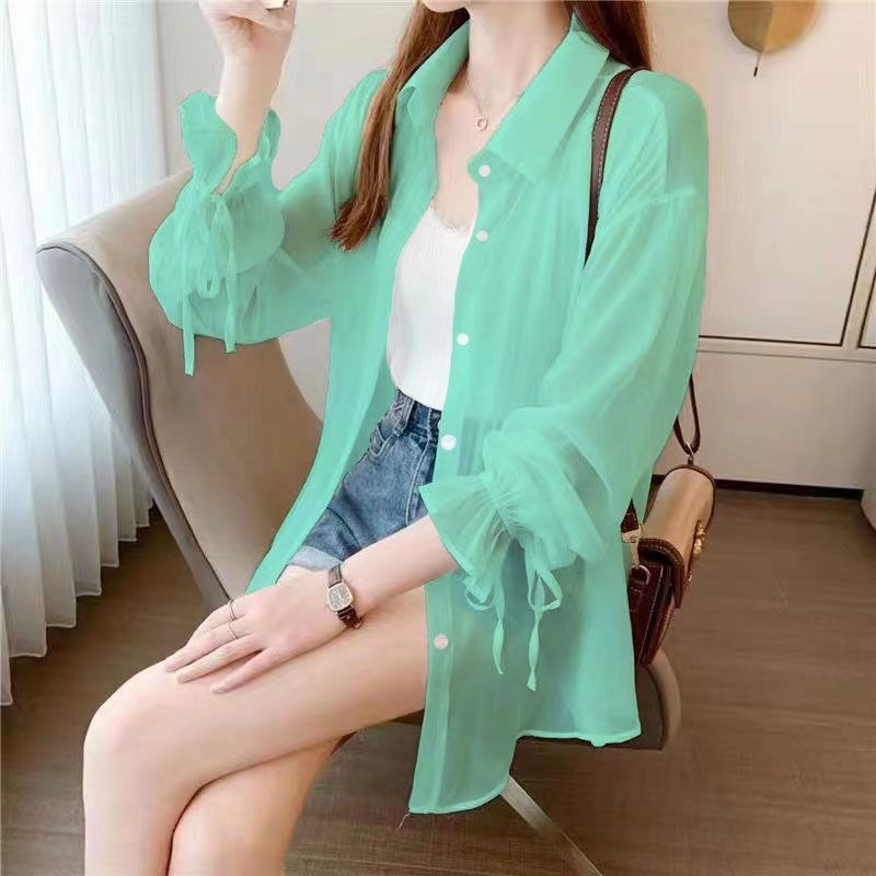 新款雪纺防晒衬衫女薄款夏季外搭开衫蝴蝶结长袖防晒衣