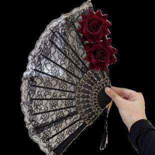 舞蹈扇子禁欲系黑色蕾丝玫瑰花性感复古古风折扇跳舞汉服旗袍绣