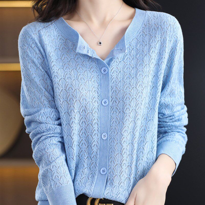 2023春夏季圆领精纺羊毛开衫女薄款镂空外搭宽松显瘦打底针织外套