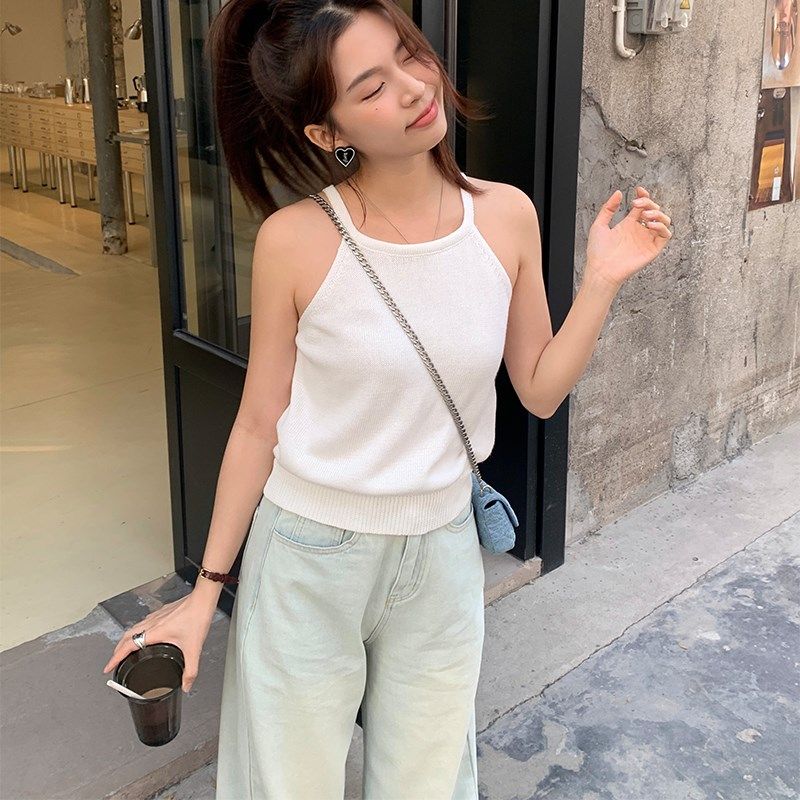 针织小吊带女2024春夏季露肩外穿内搭背心高级感港风挂脖无袖上衣