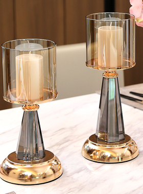 高级简约烟灰色水晶蜡烛台烛光晚餐道具金色轻奢餐桌装饰浪漫摆件