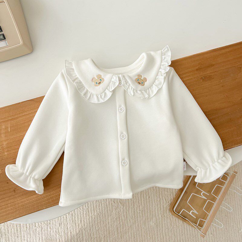 女童加绒打底衫秋冬娃娃领保暖衬衫百搭一体绒加厚宝宝长袖白衬衣