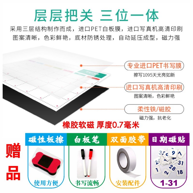 月计划表墙贴可擦白板磁性月份行事历计划任务板可擦写工作进度表