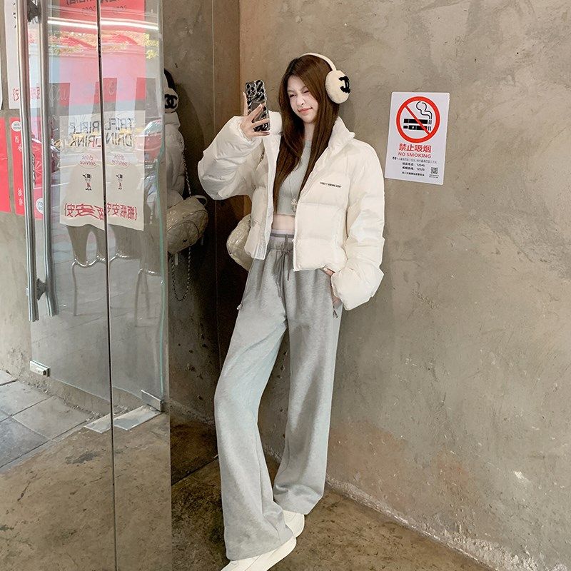 若语定制  aw*加绒款松紧腰新款冬季加绒垂感宽松直筒休闲卫裤女