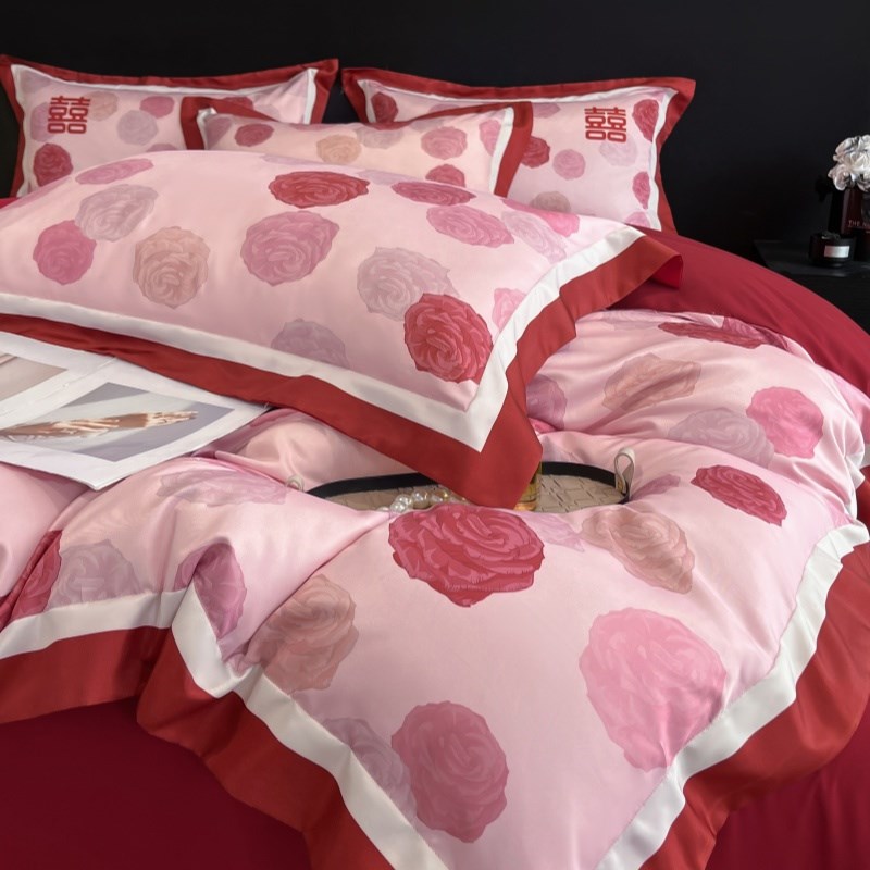 中式结婚四件套大红色新婚陪嫁床单被套纯棉婚庆床上用品婚房喜被