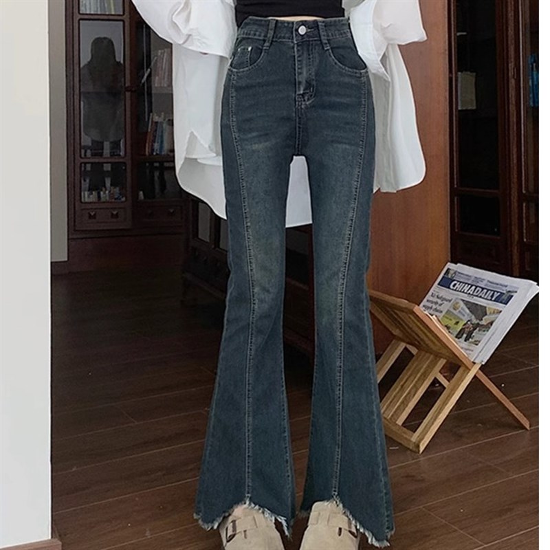窄版微喇牛仔裤女秋季新款毛边设计感胖妹妹mm高腰显瘦遮跨喇叭裤