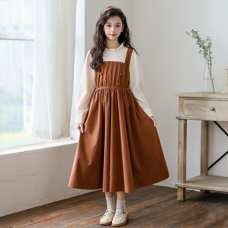 女童假两件连衣裙秋冬长袖灯芯绒裙子2024新款中大童学生洋气长裙