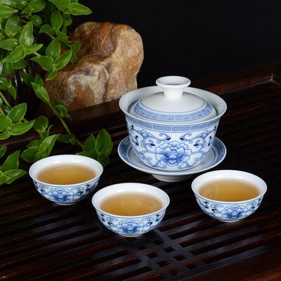 雅诚窑潮州枫溪工夫茶具高温釉中彩青花瓷陶瓷茶碗盖碗 大号小号