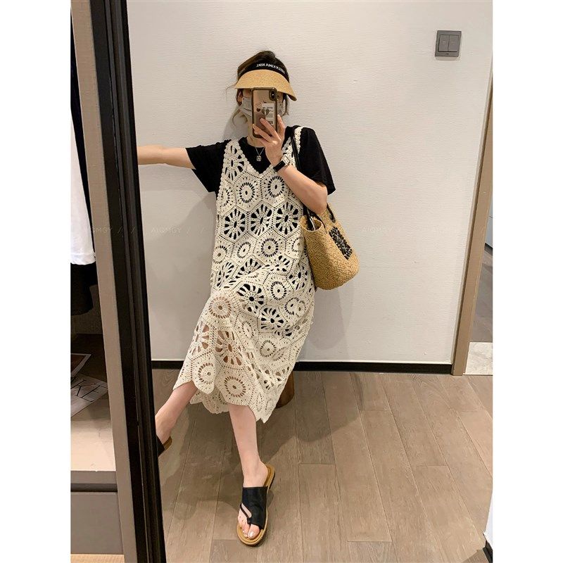 爱情魔鬼鱼 两件套装女2024年夏季短袖T恤上衣针织镂空吊带连衣裙,女装/女士精品,时尚套装,淘宝优惠券,粉丝福利购,淘宝优惠卷