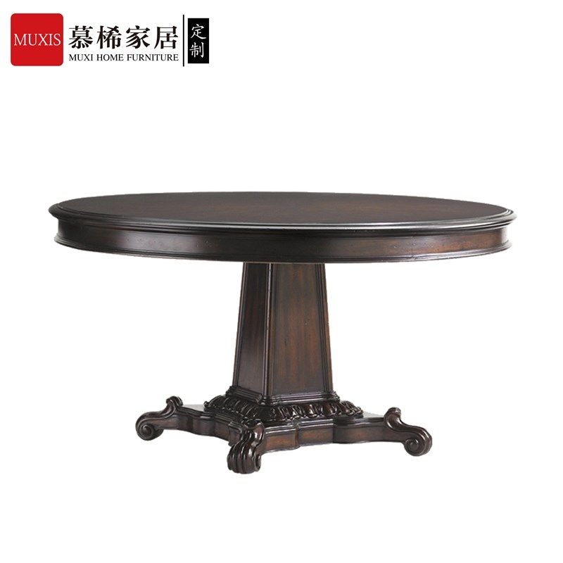 美式乡村桃花芯实木圆形餐桌别墅餐厅纯手工雕刻高档饭桌餐台定制