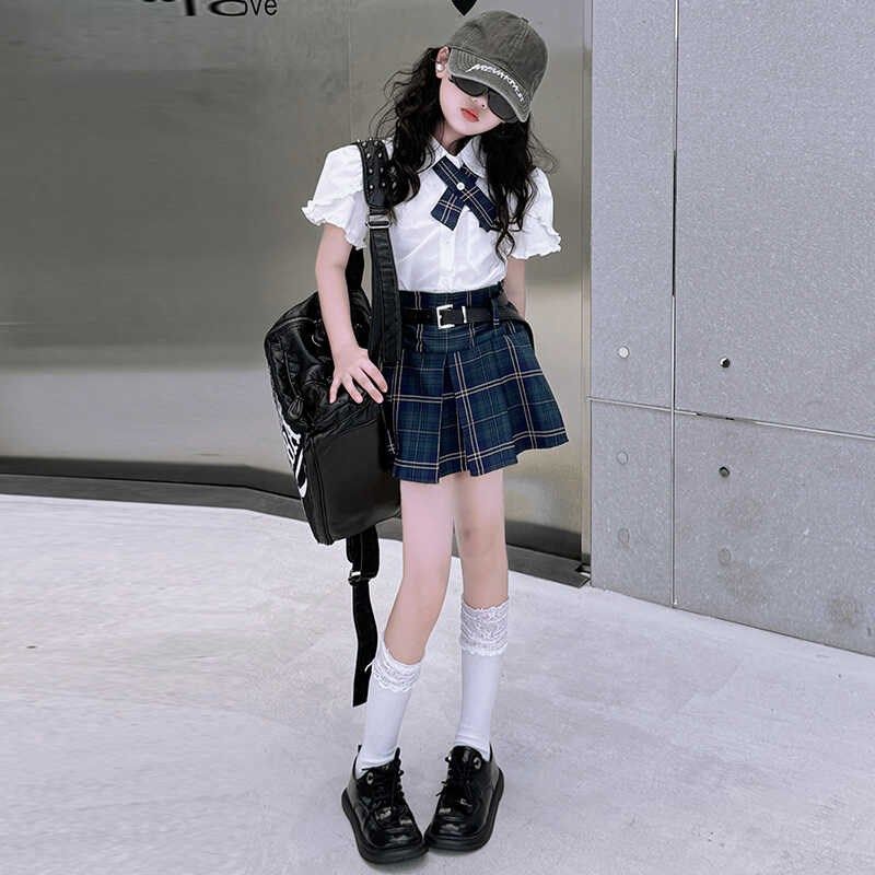 女童学院风套装夏装2024新款洋气时尚格子学生百褶裙衬衫jk两件套