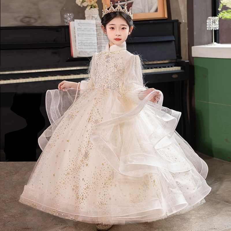 女童礼服冬季儿童生日公主裙花童婚礼小女孩主持人高定演出服加绒