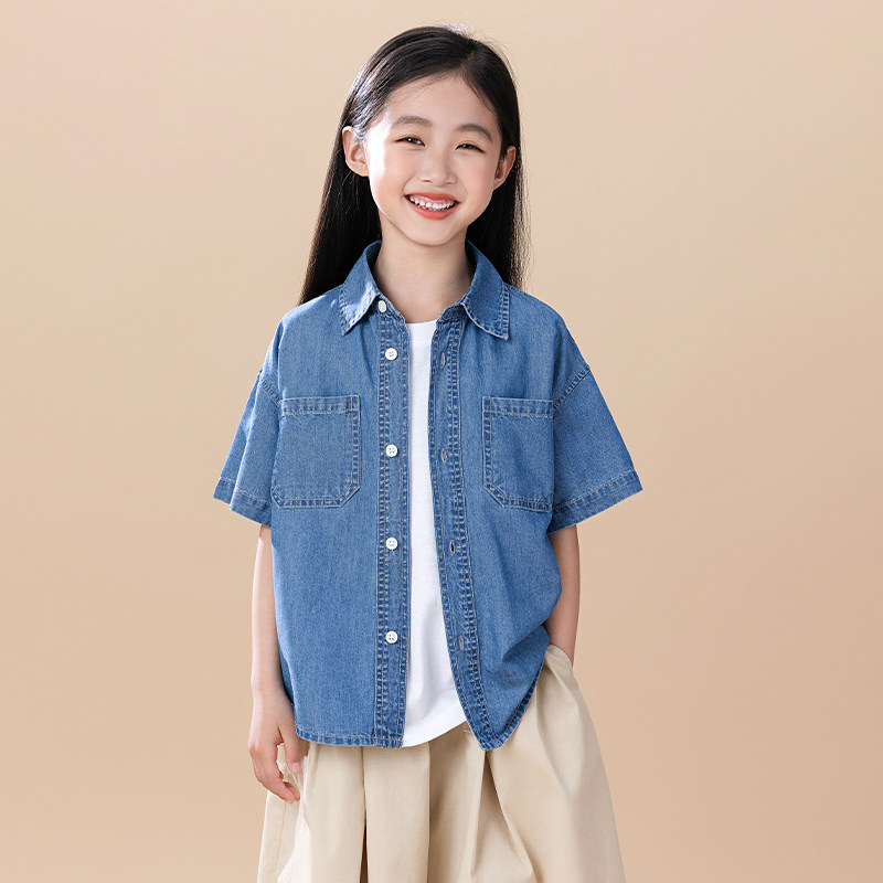 儿童牛仔衬衫2024夏季新款男女童短袖上衣百搭休闲牛仔衬衣亲子装