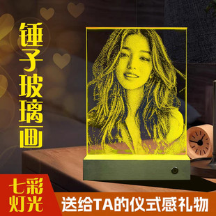 高端定制【意不意外】手绘玻璃锤子画艺术照片七彩琉璃画送女朋友