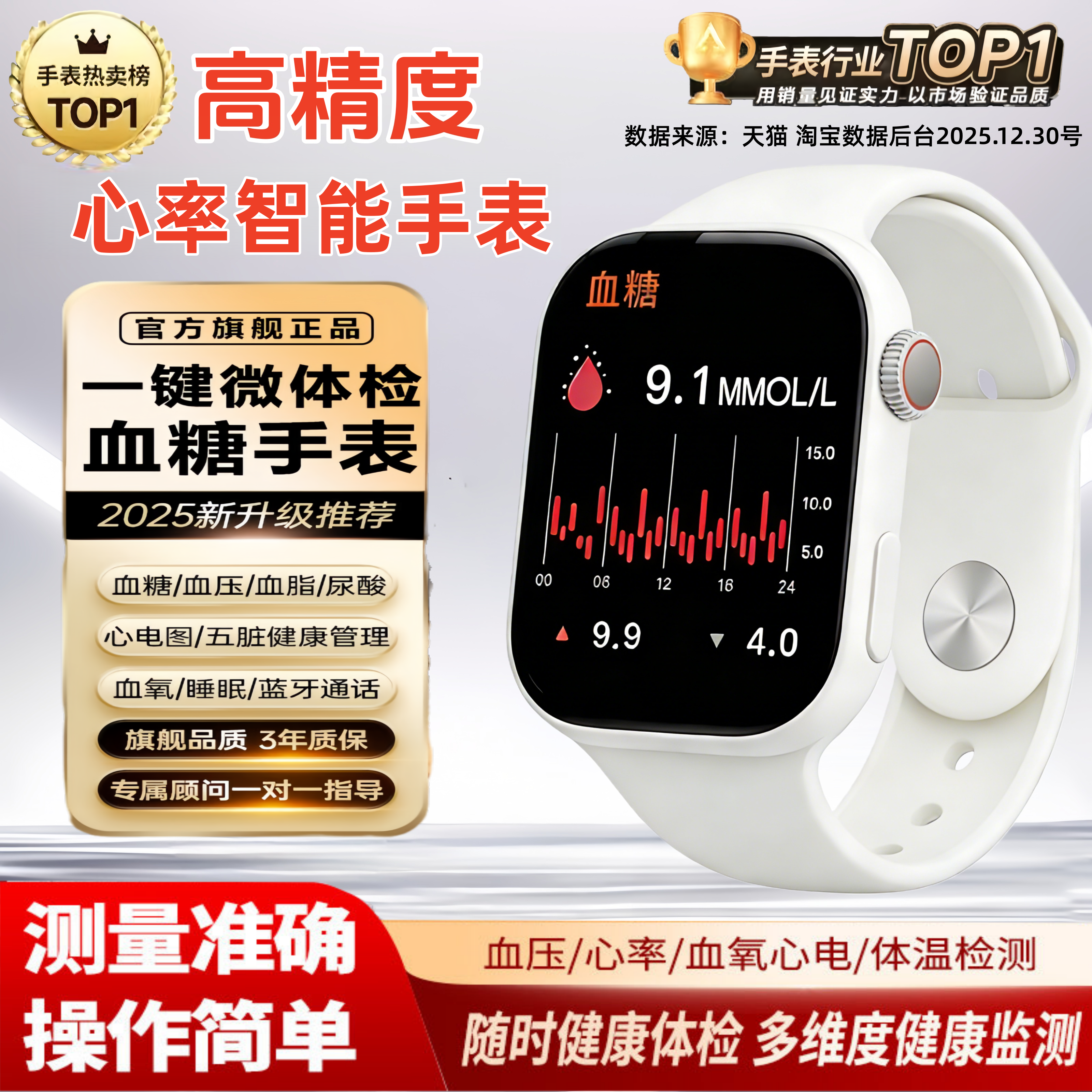 2026智能手表高精度监测血糖血压尿酸血脂心率24小时检测量仪理疗