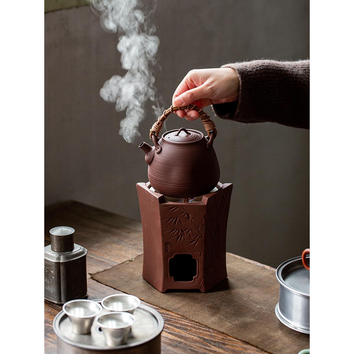 觅白红泥炭炉砂铫手工提梁壶煮茶围炉火工夫跳盖藤编原矿紫泥潮州