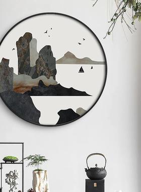 新中式酒店关样房挂画RML抽板象山水书圆形茶法室绿色装饰玄画