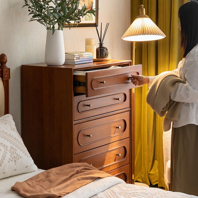 7K全木五斗柜屉复古卧室客厅沙储物抽收实纳柜F768T6M9原木风发边