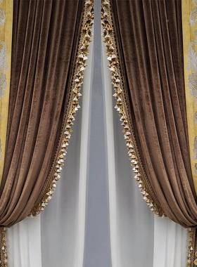 式复窗帘奢欧华高端接丝绒刺绣古黄色拼客厅卧室轻奢美式别UHU墅