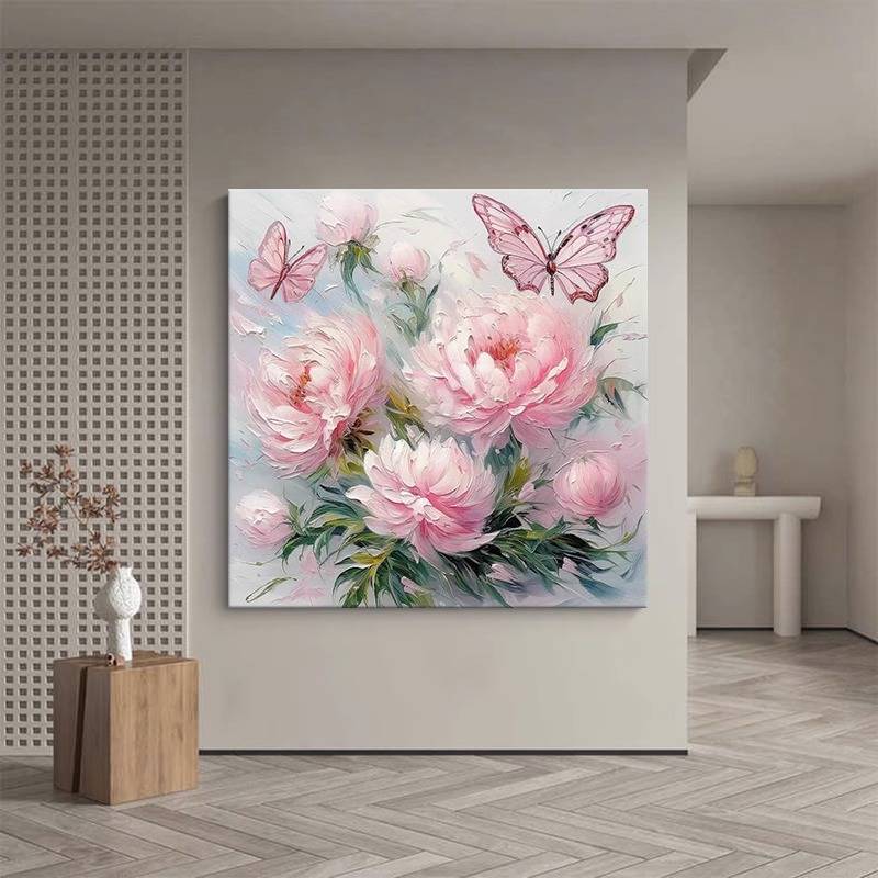 招花引蝶牡丹花卉奶油油画风客餐厅主卧室装饰画花开富贵玄关挂画图片