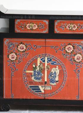 代新中式古典实彩木老现XUP榆木翘头绘玄关柜手绘复做古旧储物餐