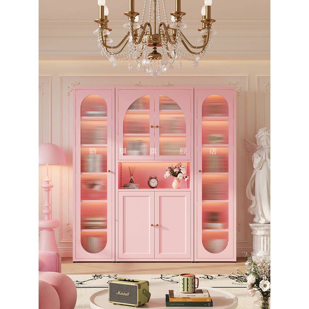 式奶物油风铁艺书柜书架家XFE用置架客法厅防门尘玻璃储物柜展示