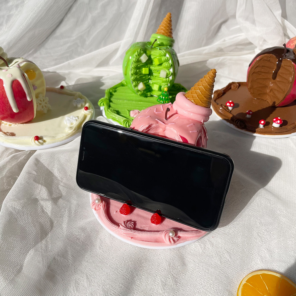 创意手机支架手作仿真苹果蛋糕支撑架工位桌面可爱摆件追剧神器