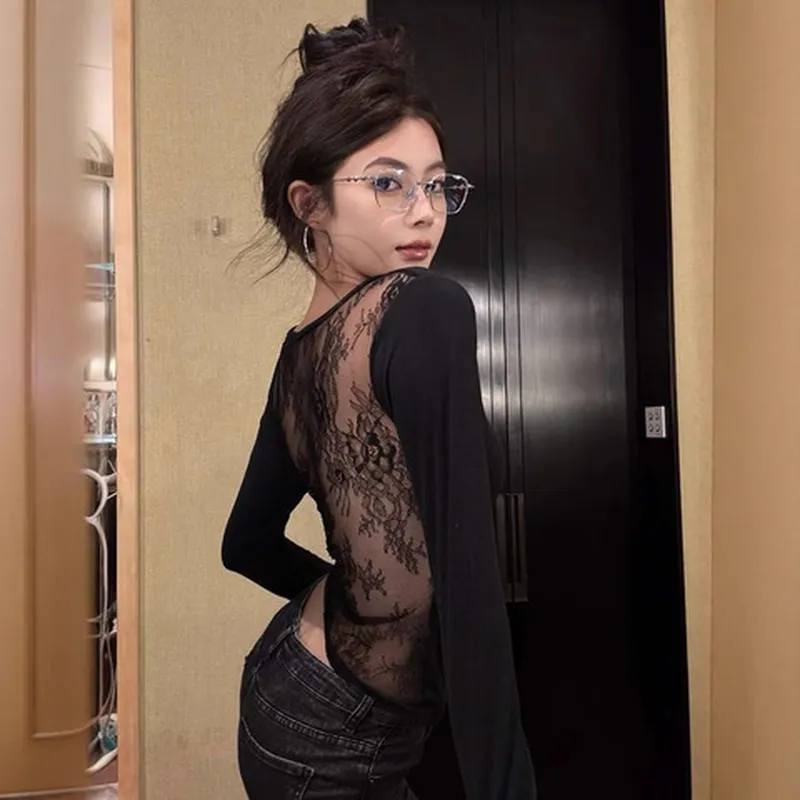 露背上衣辣妹T恤修身镂空秋季V领风女装蕾丝拼接性感设计黑色