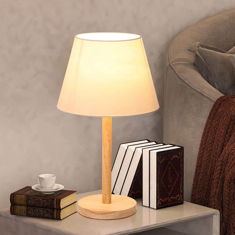烨上简约现代台灯卧室床头房间实木布艺床头灯灯饰原木风日式灯具
