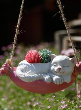 荡秋千小猫咪摆件庭院装饰花园彷真动物可爱阳台布置挂件日式创意