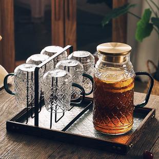 家用客厅喝水杯待客用茶杯 国潮复古海棠印花玻璃杯子家庭水杯套装