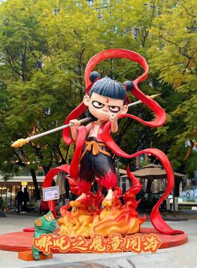 哪吒魔童降世雕塑玻璃钢定制大型落地摆件商场卡通动漫人物装饰品