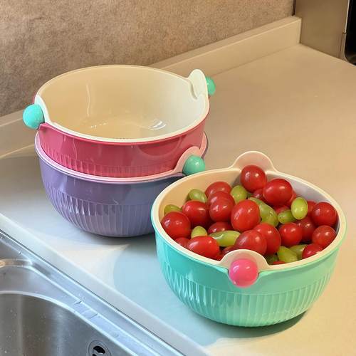 MOMO HOME双层洗菜盆沥水篮新款家用多巴胺圆球滤水果盘洗菜篮