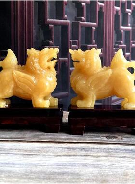 天然米黄玉貔貅一对玉石皮丘客厅店铺开业招财摆件办公室风水镇宅