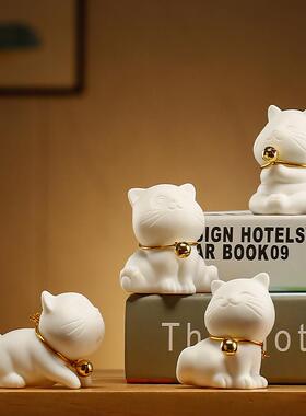 猫铃铛陶瓷摆件可爱小猫咪桌面创意白瓷茶宠茶玩可养装饰动物摆设