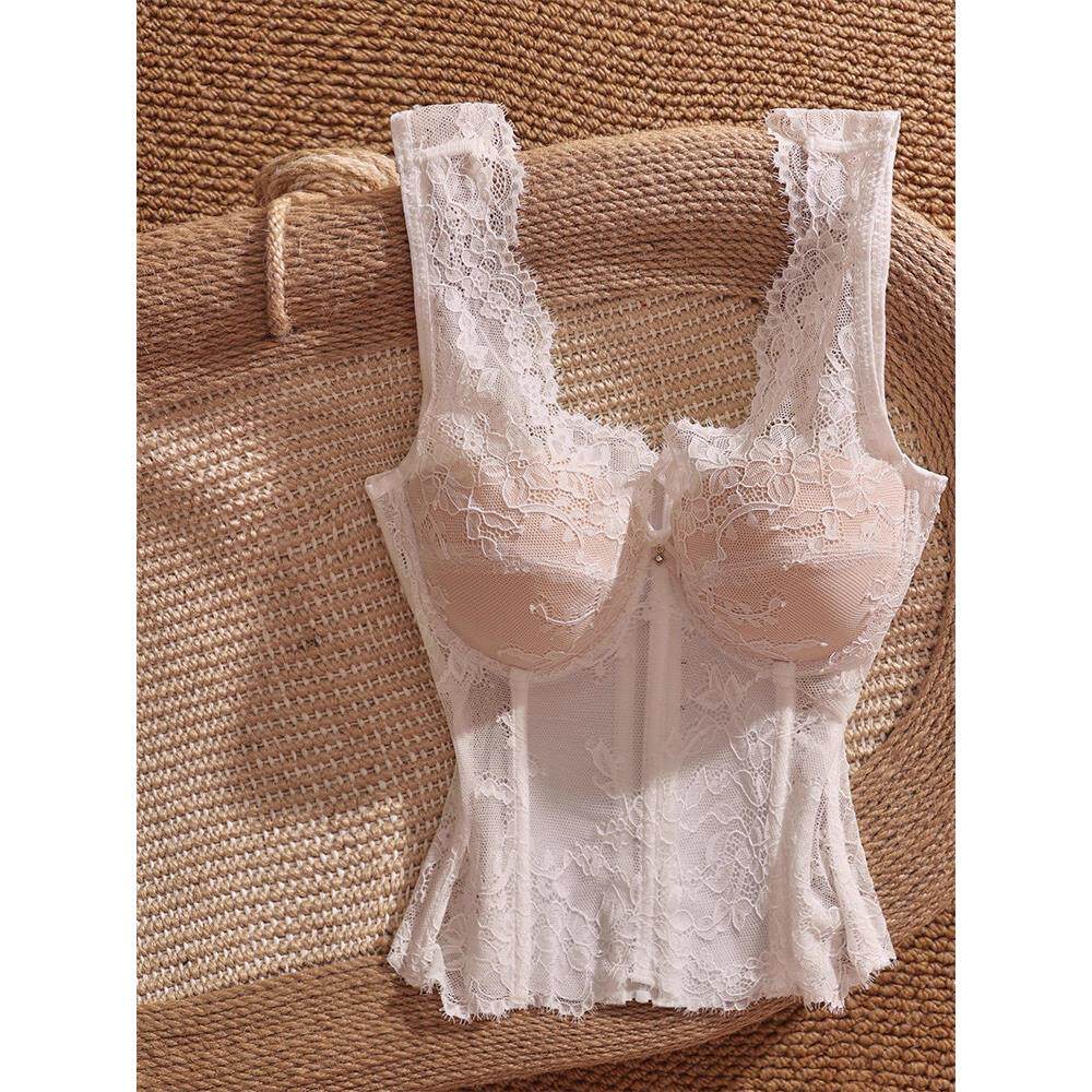 法式白色蕾丝鱼骨吊带背心女带胸垫性感短款收腰鱼骨胸衣西装内搭