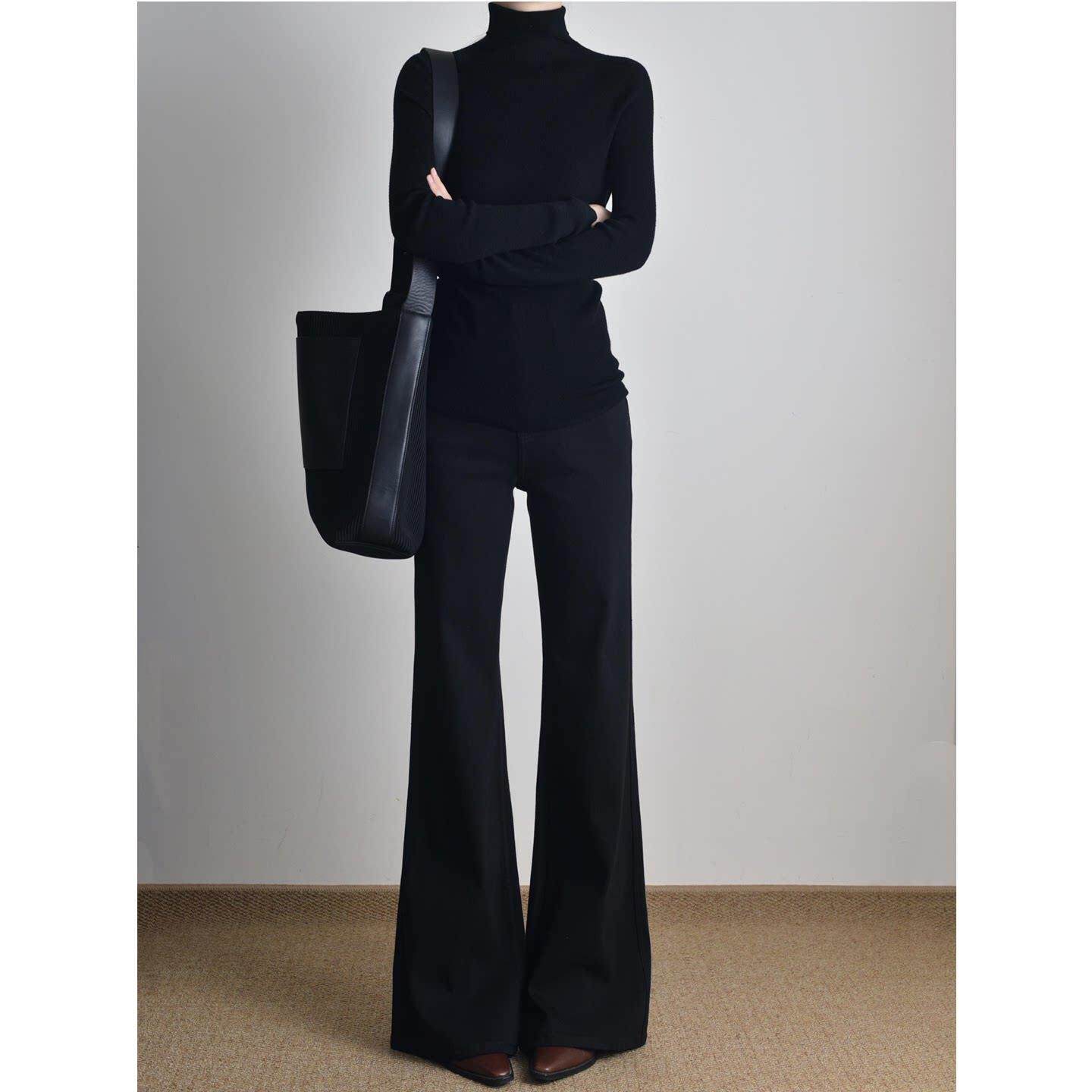 超好看黑色不贴腿微喇牛仔裤女秋冬加绒高腰直筒垂感拖地喇叭裤