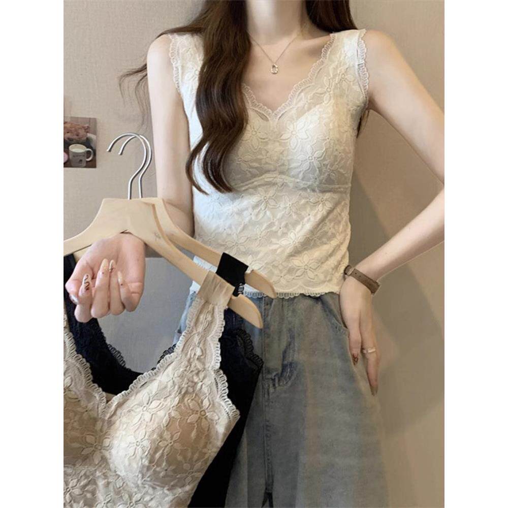 白色蕾丝美背背心文胸一体吊带女带胸垫V领短款纯欲风西装内搭