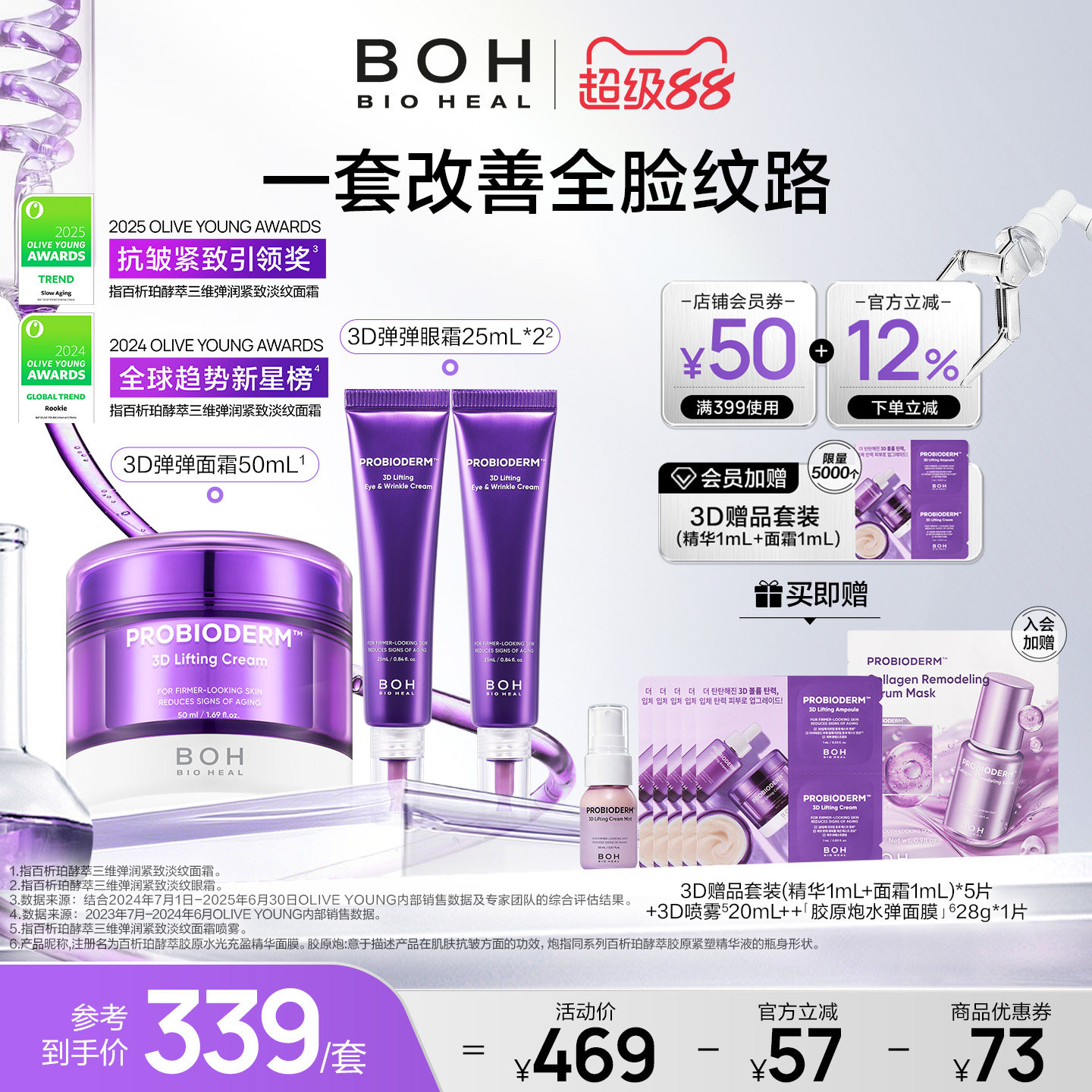 韩国BOH酵萃三维弹润眼霜25ml*2+3D面霜50ml淡纹紧致嘭弹保湿