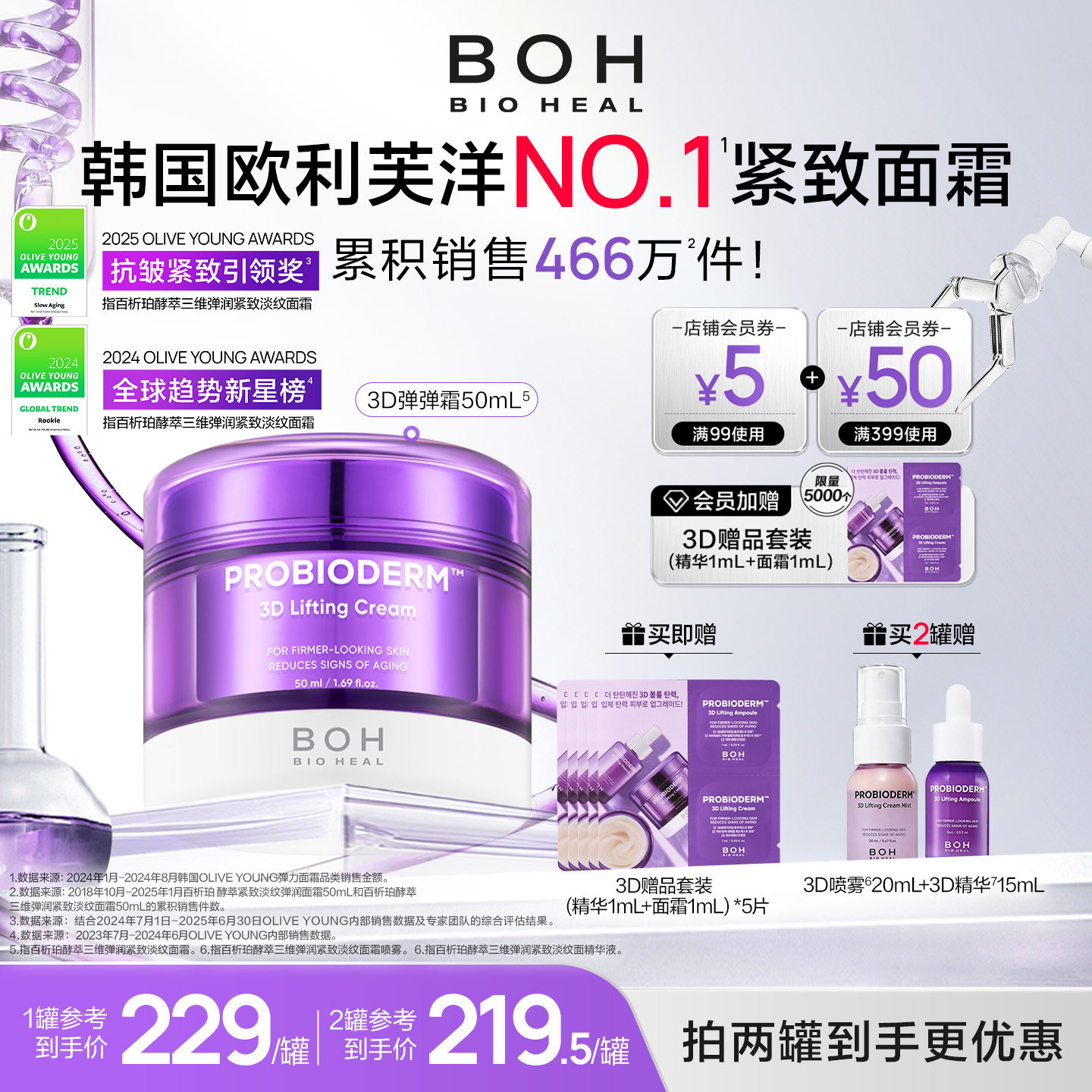 BOH韩国酵萃三维弹润紧致淡纹面霜50ml抗皱保湿肌肤秋冬