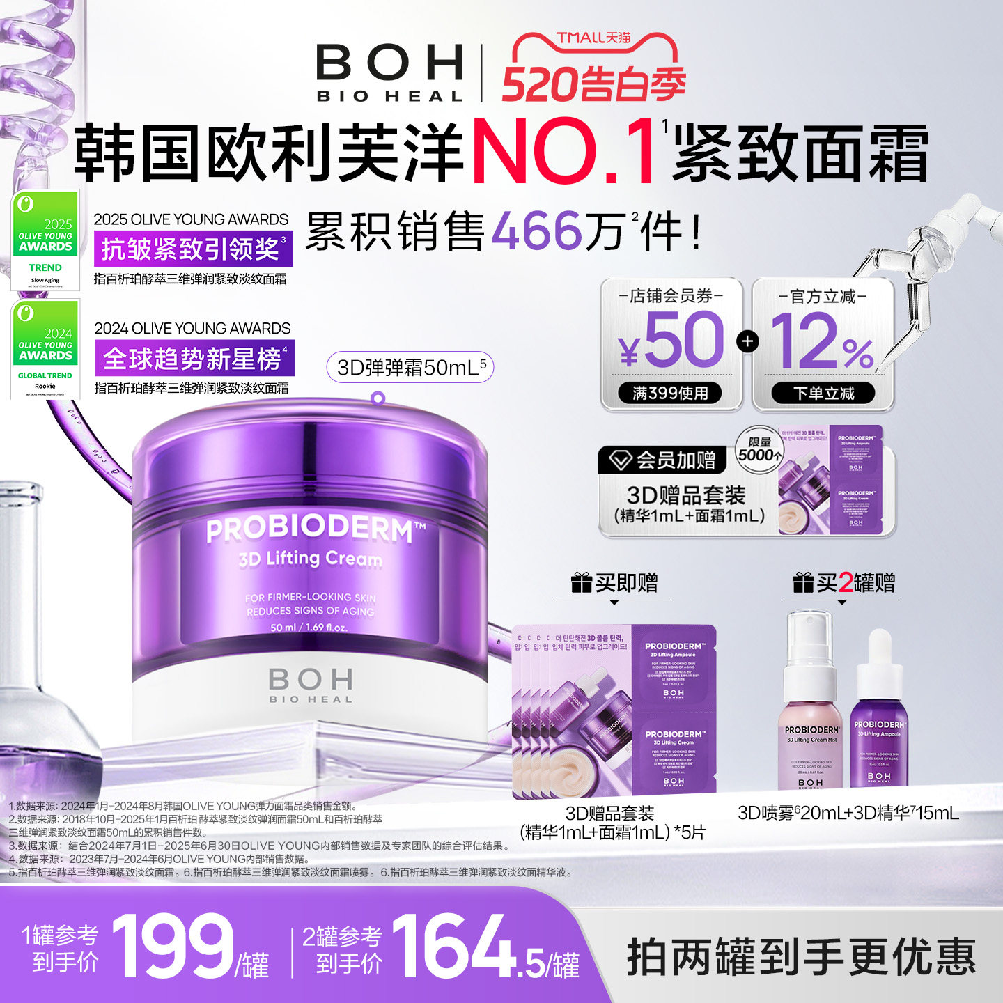 BOH韩国酵萃三维弹润紧致淡纹面霜50ml抗皱保湿肌肤秋冬