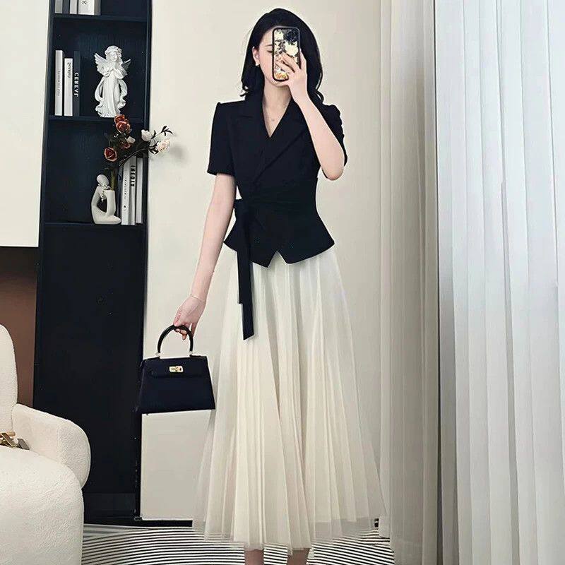 2025新款气质夏季西装高级感上衣超仙的半身网纱裙两件套套装女