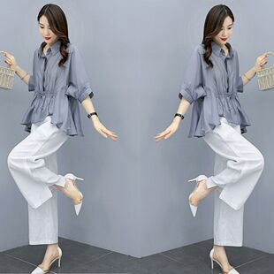 高级夏季休闲阔腿裤两件套棉麻亲肤显瘦爆款夏天洋气妈妈装宽松款