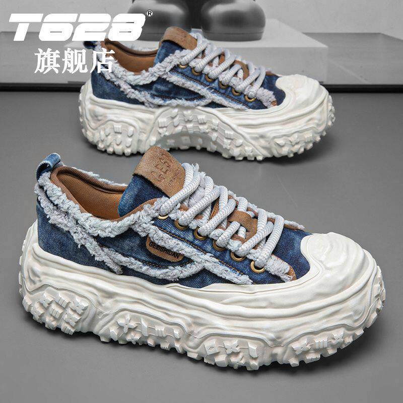 T628男鞋2025夏季透气新款复古做旧牛仔老爹鞋男款厚底增高帆布鞋