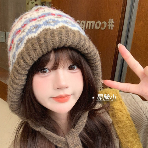 唐狮集团Desso冬季毛线女帽堆堆帽条纹撞色针织帽大头围显脸小潮