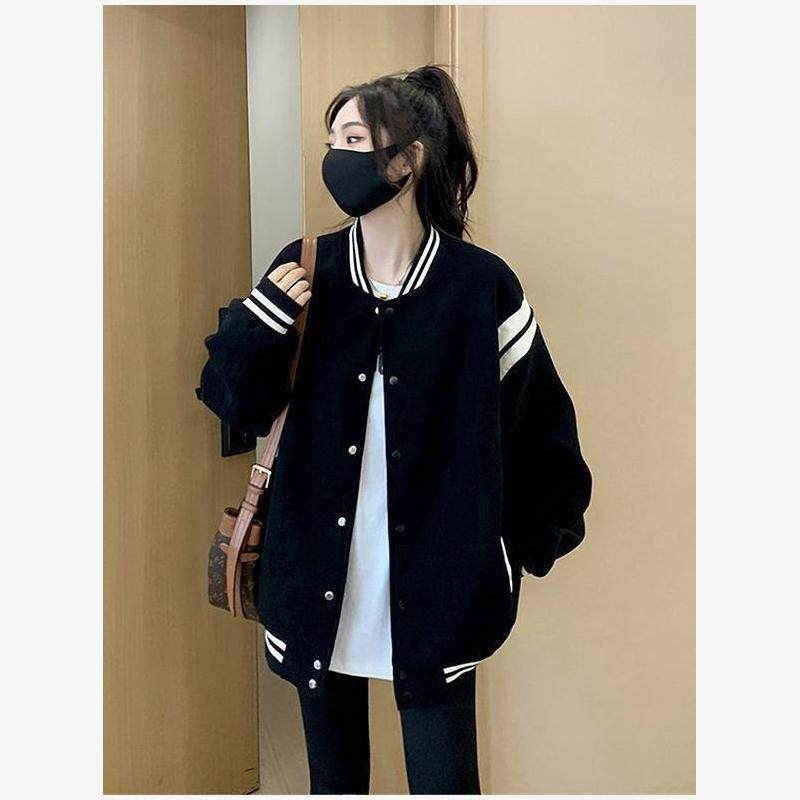 美式复古大码女装春夏秋薄款开衫外套女士胖mm宽松夹克撞色棒球服